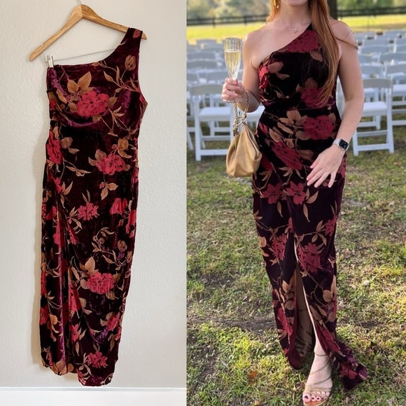 Burgundy Floral Burnout Velvet One-Shoulder Dress Large - Picture 1 of 7